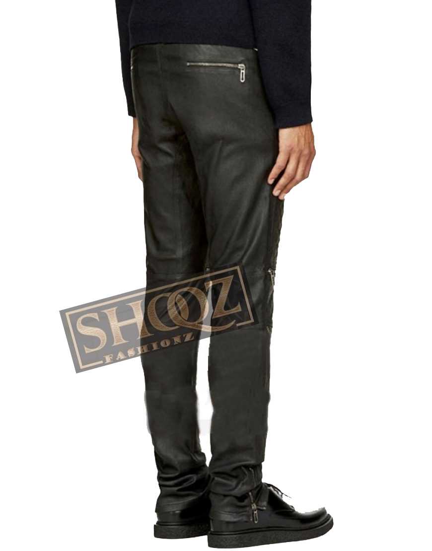 Men Dark Grey Zip Panel Quilted Leather Pant